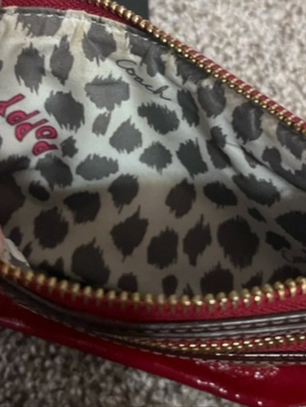 Coach Poppy Red Patent Wristlet with Brass Accents, Minor Callouts, Clean Inside